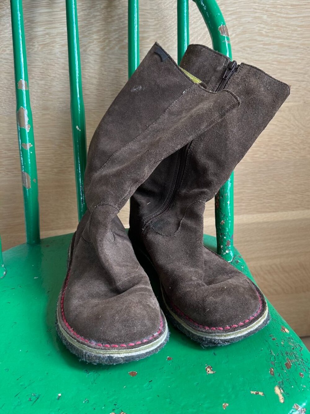 Camper Brown Suede Mid-Calf Boots | Contrast Stitching | Size 38